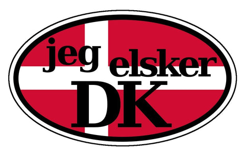 Jeg Elsker Danmark I love Denmark in Danish Flag Sticker Oval
